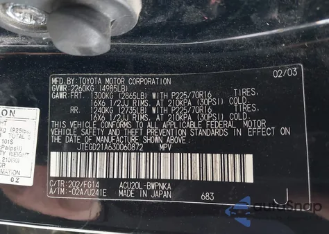 2003 Toyota Highlander from USA, damaged, VIN JTEGD21A630060872